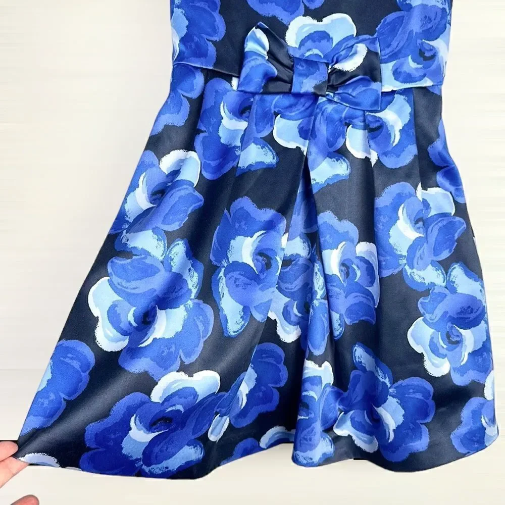 JANIE and JACK Blue Blossom Floral Satin Formal Dress Cap Sleeves Bow Detail 4